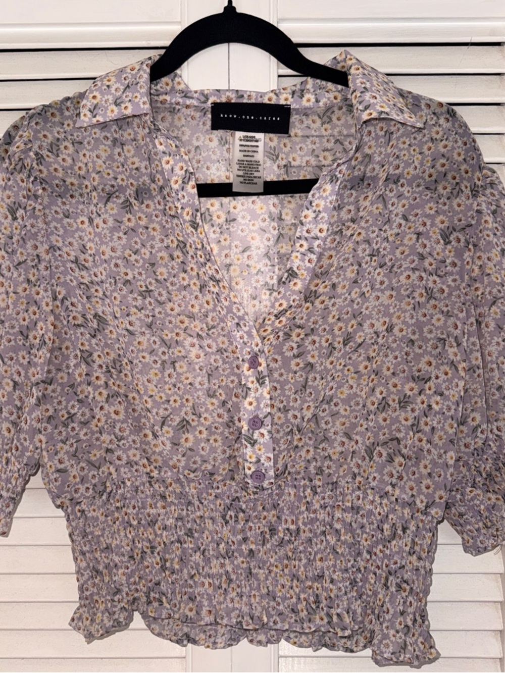 Floral Smocked Puff Sleeved Waist Button-Up Blouse - Lavender